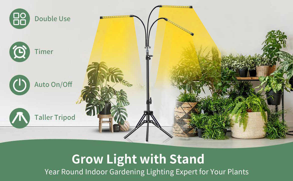 Adjustable Tri-Head 60-Watt Full Spectrum LED Grow Light with Stand